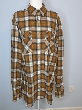 Carhartt Men's Brown and Cream Plaid Button-Down Shirt XL TALL